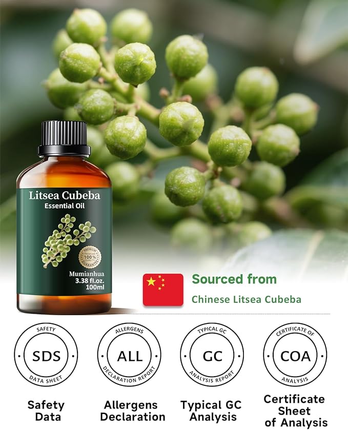 Litsea Cubeba (May Chang) Essential Oil, Pure May Chang Oil Mumianhua Refreshing Lemon-Citrus Scent for Diffuser, Oily Skin & Natural Cleaning, Uplifts Mood & Purifies Air, 3.38 Fl Oz