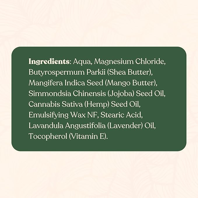 Magnesium Cream with Hemp Seed Oil, Jojoba Oil, Shea & Mango Butter – Highly Concentrated Magnesium Lotion for Comfort – Natural, Skin-Friendly – Lavender – 4oz Glass Jar – Made in Canada