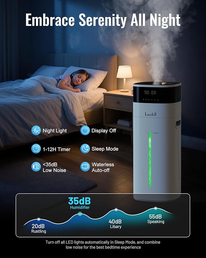 LACIDOLL Cool and Warm Mist Humidifier Large Room, 5.3Gal/20L Humidifiers for Home 2500 sq ft, Air Humidifiers for Bedroom with Diffuser&Extended Tube, Whole House Humidifiers for Nursery Baby Plants