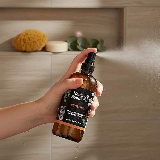 Healing Solutions Aromatherapy Shower Spray, Restore Blend, 4oz, Essential Oils, Made in the USA, At Home Spa Experience, Promotes Muscle Relaxation