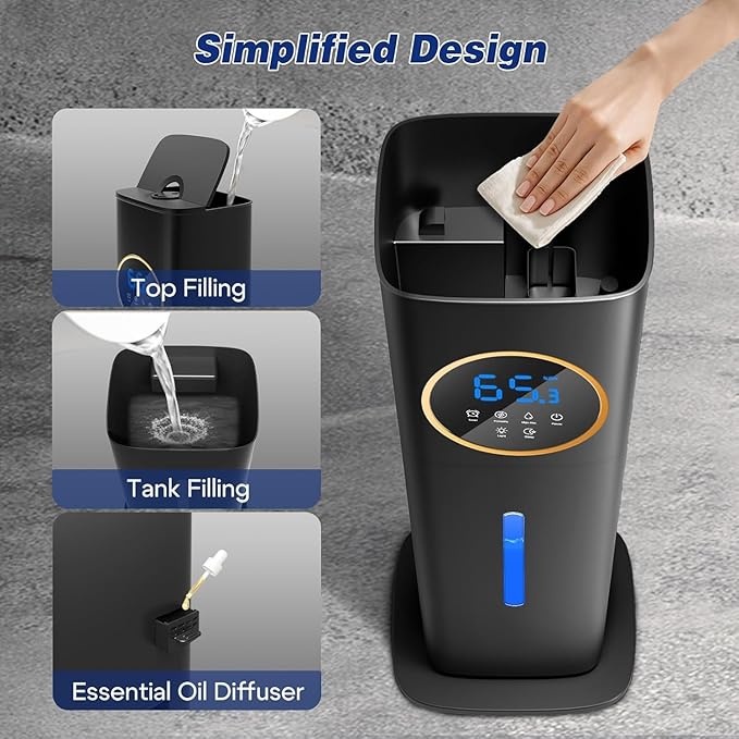 LACIDOLL Humidifiers for Bedroom 500 sq ft, 2.1Gal/8L Humidifier large room with Night Light & Essential Oil Diffuser, Top Fill Large Room Humidifiers for Home Baby Nursery Office Plants, Black
