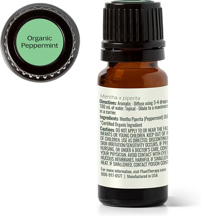 Plant Therapy Organic Peppermint Essential Oil 10 mL (1/3 oz), 100% Pure, Undiluted, USDA Certified Organic, Undiluted, Natural Aromatherapy, for Neck Tension and Muscle Discomfort