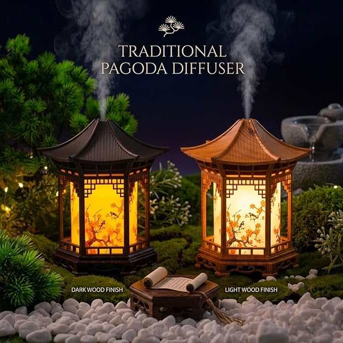 Zen Pavilion Lantern Aroma Diffuser & Night Light - 160ml Essential Oil Diffuser with 2 Mist Modes - Japanese Style Zen Garden Humidifier for Yoga, Meditation, Spa & Sleep - Warm/White Light (Dark)