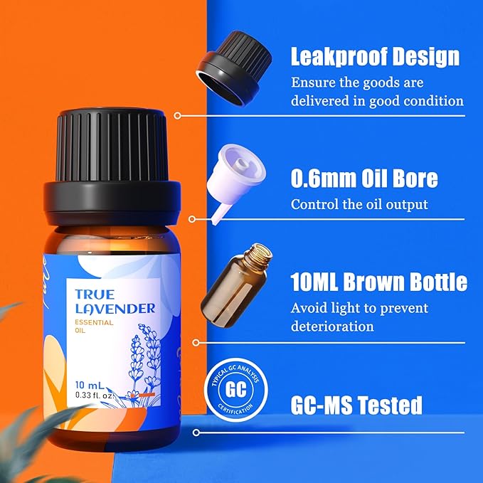 HIQILI Essential Oils for Diffusers for Home,Top 6 Gift Essential Oil Set,Include Lavender, Orange, Peppermint, Tea Tree, Eucalyptus, Lemongrass,Beginner Kit(10ML*6)