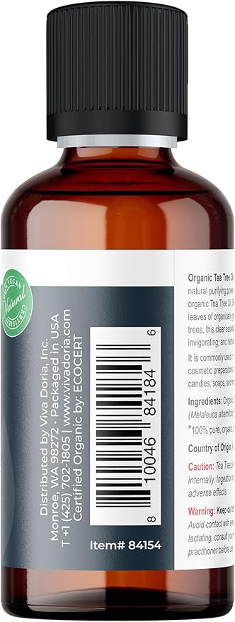 Viva Doria Tea Tree Essential Oil, USDA Certified, Organic Tea Tree Oil, 100% Pure, Natural Essential Oil, Undiluted, for Aromatherapy | Food Grade, 30 mL (1 Fluid Ounce)