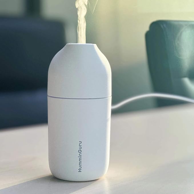 HumminGuru Ultrasonic Essential Oil Diffuser & Humidifier - 90ml USB-C Aromatherapy Device for Car, Home, Office with 3 Essential Oils (Lavender, Peppermint, Cedar) - 20-Min Auto Shutoff, White