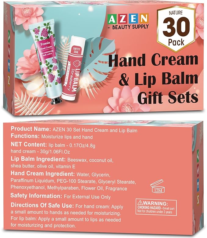 AZEN 30 Sets Bulk Gifts, Hand Cream and Lip Balm Bulk Set with Organza Bag Thank You Card, Baby Shower Wedding Gift for Guests, Bridal Wedding Favors for Guests, Mothers Day Gifts Stocking Stuffers