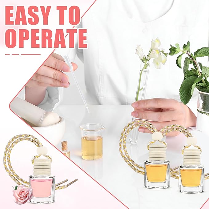 60 Pcs Car Diffuser Bottle Set with Wooden Caps,Dropper and Funnel, Empty Glass Car Air Freshener Bottle Bulk Hanging Essential Oil Fragrance Pendants for Car Decor,Can DIY Car Air Freshners Diffuser