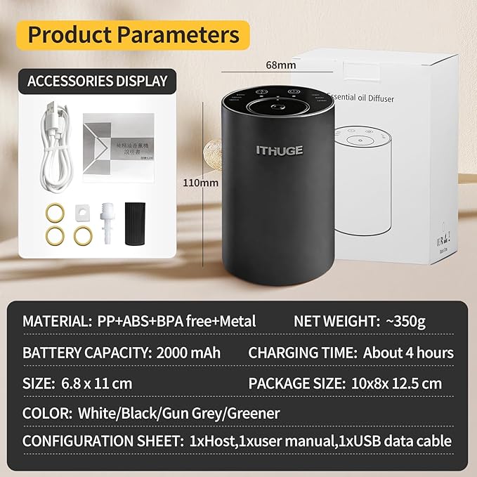 Waterless Essential Oil Diffuser, Portable Nebulizer with 3 Intensity Levels, Battery Powered for Car Home Office (Black)
