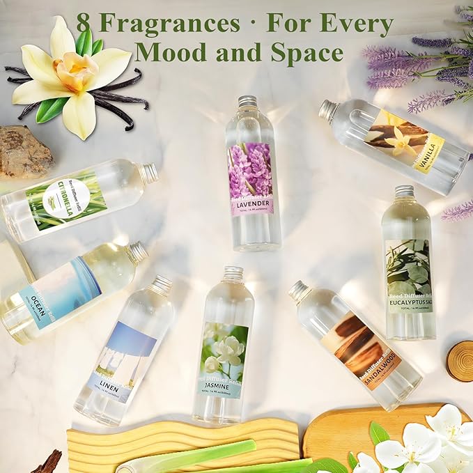 STRN Reed Diffuser Refill, Jasmine Scent Diffuser 500ml | 16.9 oz with 6 Reed Sticks, Room Fresheners for Home, Long-Lasting Fragrance for Living Room, Bedroom, Office, Home Décor