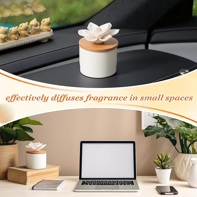 Honeydak 2 Pcs Reedless Ceramic Diffuser Set, Porcelain White Flower Aromatherapy Essential Oil Diffuser for Home Office Bathroom Tabletop Decor, Non-Electric, Valentines Day Gift (Water Lotus)