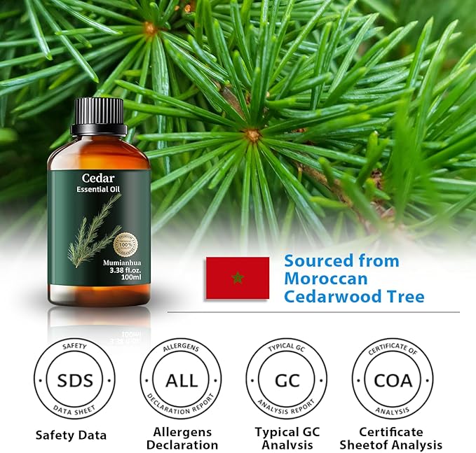 Cedarwood Essential Oil, Pure Cedarwood Oil Mumianhua Natural Woodland Aroma for Bedtime & Pillow Mist, Evening Relaxation, Diffuser Blends, Skin & Hair 3.38 Fl Oz