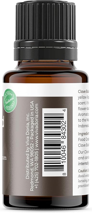 Viva Doria Clove Bud Essential Oil, 100% Pure, Natural Clove Essential Oil, Undiluted, for Aromatherapy | Food Grade, 15 mL (0.5 Fluid Ounce)