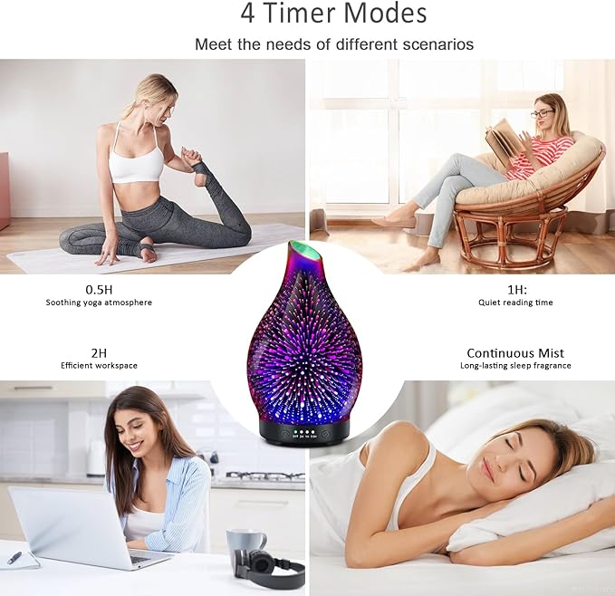 Essential Oil Diffuser 150ML -3D Firework Glass Aromatherapy Diffusers for Essential Oils with 4 Timer Setting Auto Shut-Off Silent Operation 7 Colors Lights Changing for Room, Office, Yoga