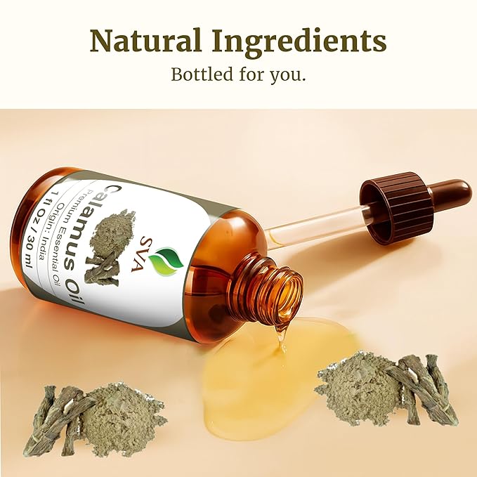 SVA Calamus Essential Oil – 1 Fl Oz – 100% Natural Calamus Oil - for Diffuser, Hair Care, Face, Skin Care, Aromatherapy, Scalp and Body Massage, Soap and Candle Making – with Dropper