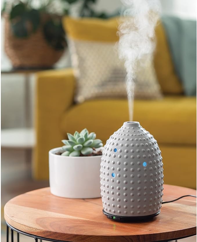 Airome Gray Hobnail Medium Ceramic Essential Oil Diffuser|100 mL Humidifying Ultrasonic Aromatherapy Diffuser 8 Colorful LED Lights, Intermittent & Continual Mist, Auto Shut-Off