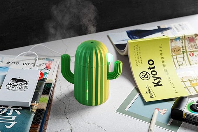 Mini Humidifier Single Room Humidifiers with Night Light Portable Cactus Air humidifier for for Yoga, Office, spa, Bedroom,Baby Room,Silica Gel Diffuser for tap Water only(Green)