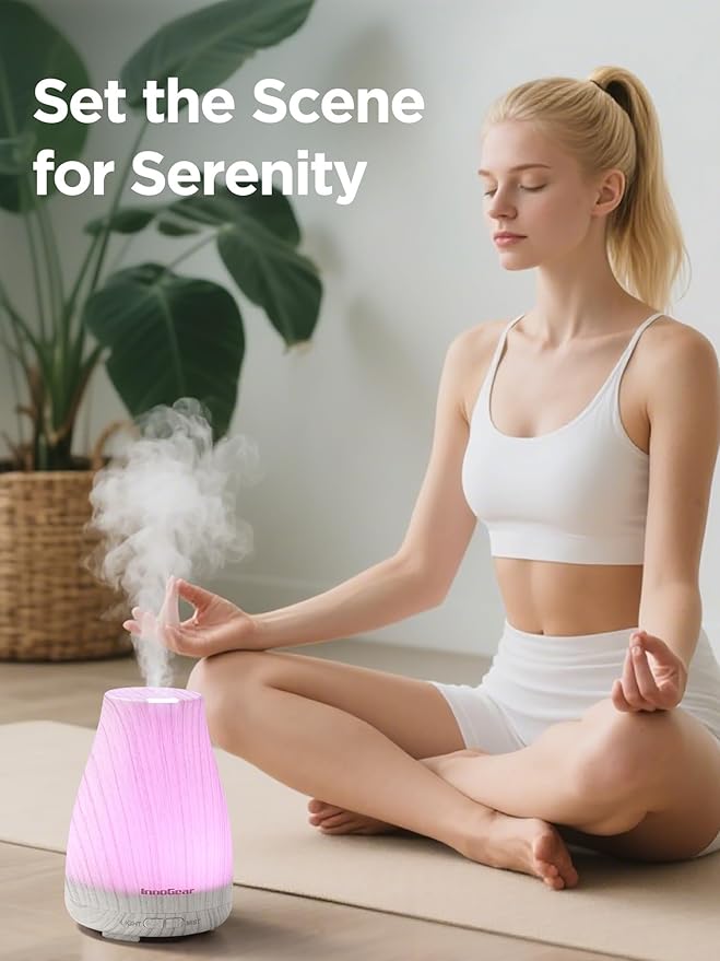 InnoGear Essential Oil Diffuser, Ultrasonic Diffusers for Home Aromatherapy Humidifier for Mother's Gift Bedroom Room 7 Colors LED 2 Mist Mode Auto Off, White Grey