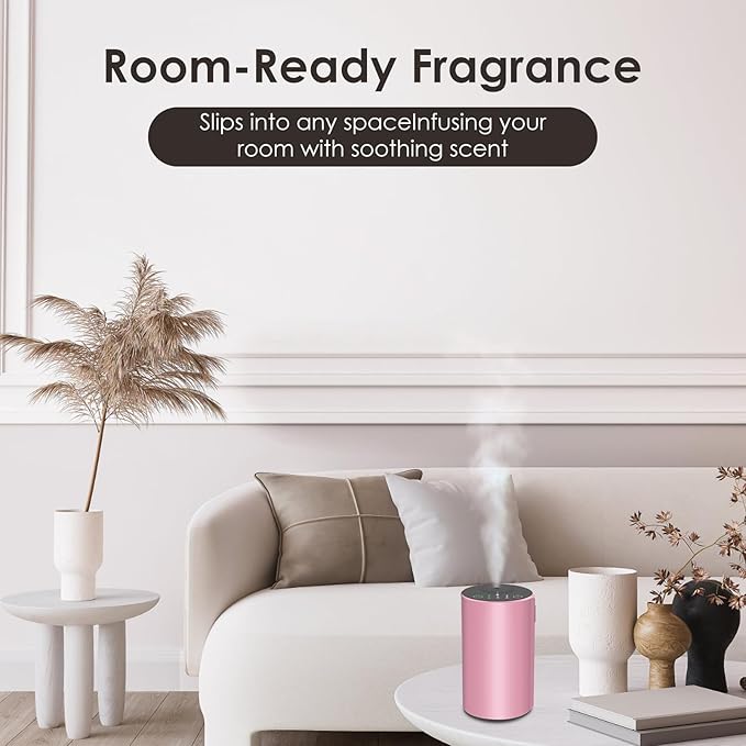 Waterless Essential Oil Diffuser, 7 Colors LED Light, Battery Powered Mini Scent Air Machine, Aromatherapy Mist Diffuser for Home Room Car Office,Black Aluminum Alloy (Pink)