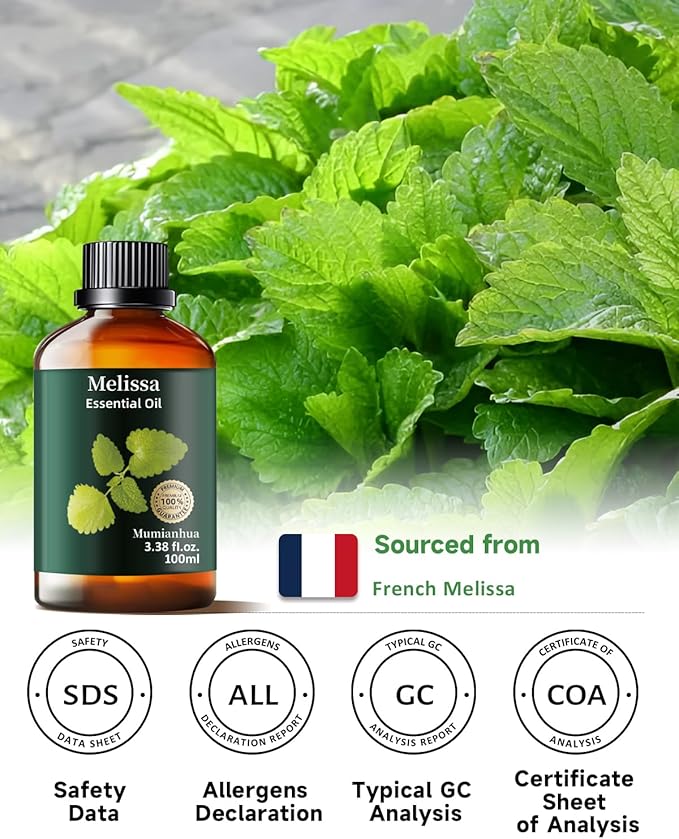 Melissa Essential Oil, Pure Melissa Oil Mumianhua Lemon Balm Oil, Uplifting Citrus-Herb Scent for Diffuser, Skin, Hair & Personal Care, 3.38 Fl Oz