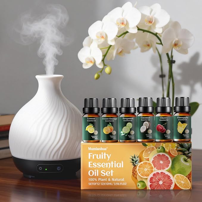 Pure Fruity Essential Oils Set Lemon, Grapefruit, Orange, Bergamot, Pineapple, Coconut, Mango, Pomegranate, Blueberry, Fig, Lychee, Cherry Aromatherapy Oil for Diffuser, Candle & Soap Making 12x10ml