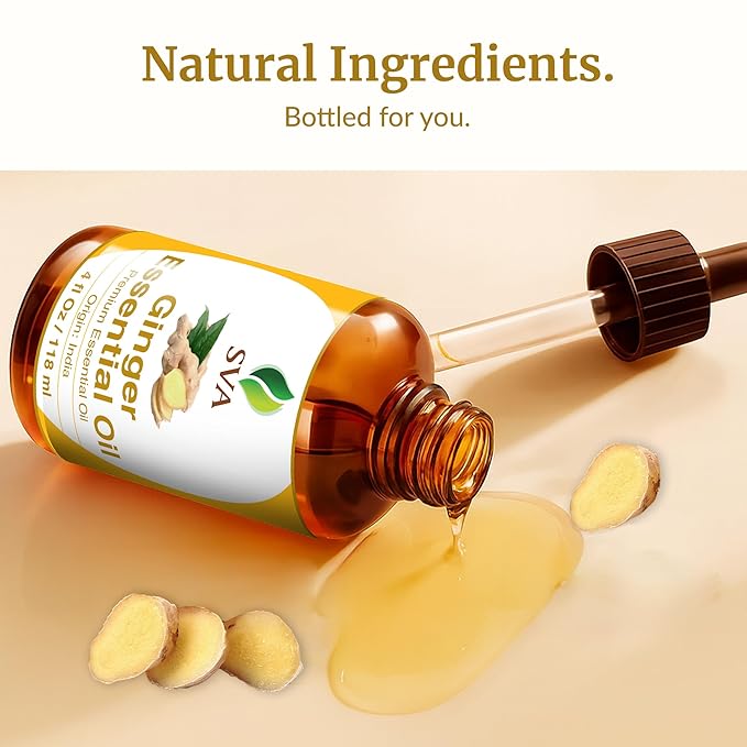 SVA Ginger Essential Oil – 4 Fl Oz – 100% Natural Ginger Oil - for Diffuser, Hair Care, Face, Skin Care, Aromatherapy, Scalp and Body Massage, Soap and Candle Making – with Dropper