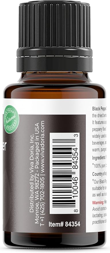 Viva Doria Black Pepper Essential Oil, 100% Pure, Natural Black Pepper Essential Oil, Undiluted, for Aromatherapy | Food Grade, 15 mL (0.5 Fluid Ounce)