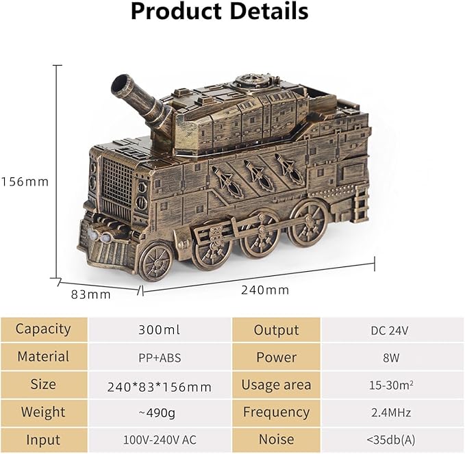 300ml Train Humidifier Aroma Diffuser Christmas Essential Oil Diffuser Vintage steam Dual Mist Modes Cool Mist Air Desktop(Bronze)