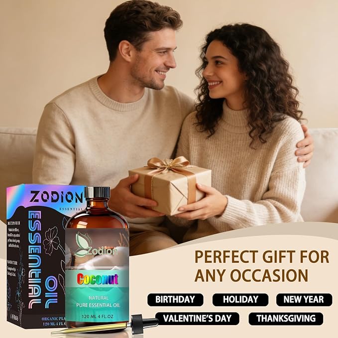 Coconut Essential Oil, 4 fl oz (120ml) - ZODION Coconut Fragrance Oil for Diffuser, Massage, Humidifier, DIY Candle, Soap Making, Home, Bath, Yoga
