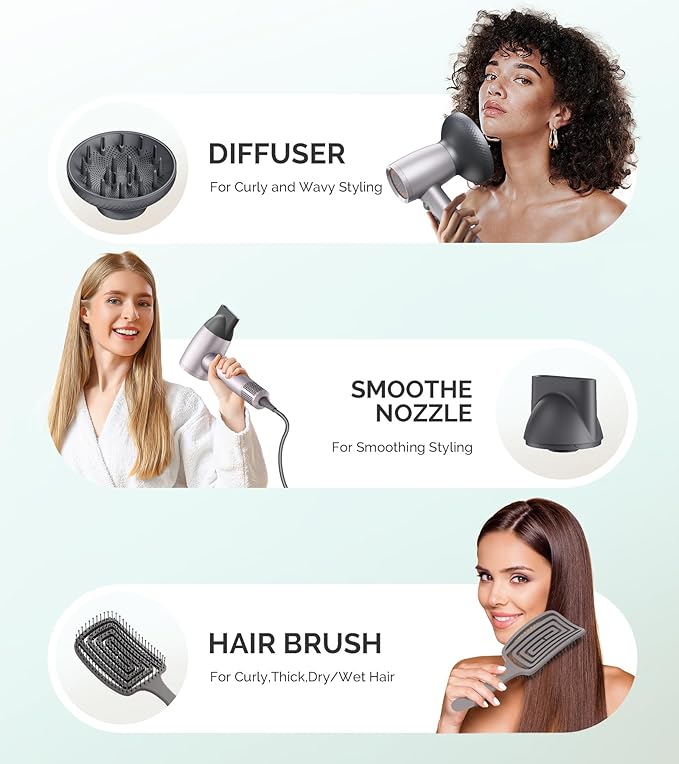 MelodySusie Hair Dryer with Diffuser, 1600W Fast Drying Low Noise Ionic Hair Dryer for Curly Hair with Diffuser,Nozzle and Hair Brush,120,000 RPM Blow Dryer Ideal for Women