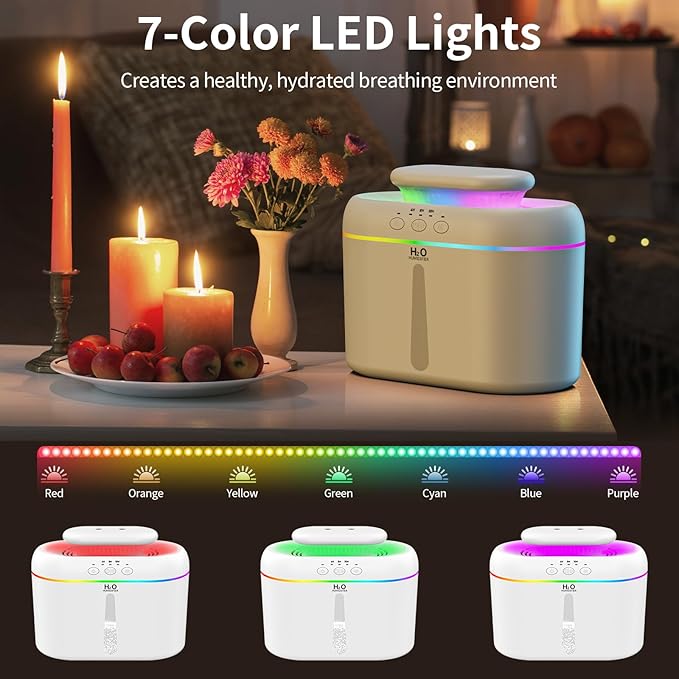 2L humidifiers for bedroom humidifier Home Ultra-Quiet 28 dB Quiet Supersized Cool Mist Air Humidifier for Baby Nursery,Dual Nozzie,Easy to Clean & Fill, 7 Color NightLight (White)