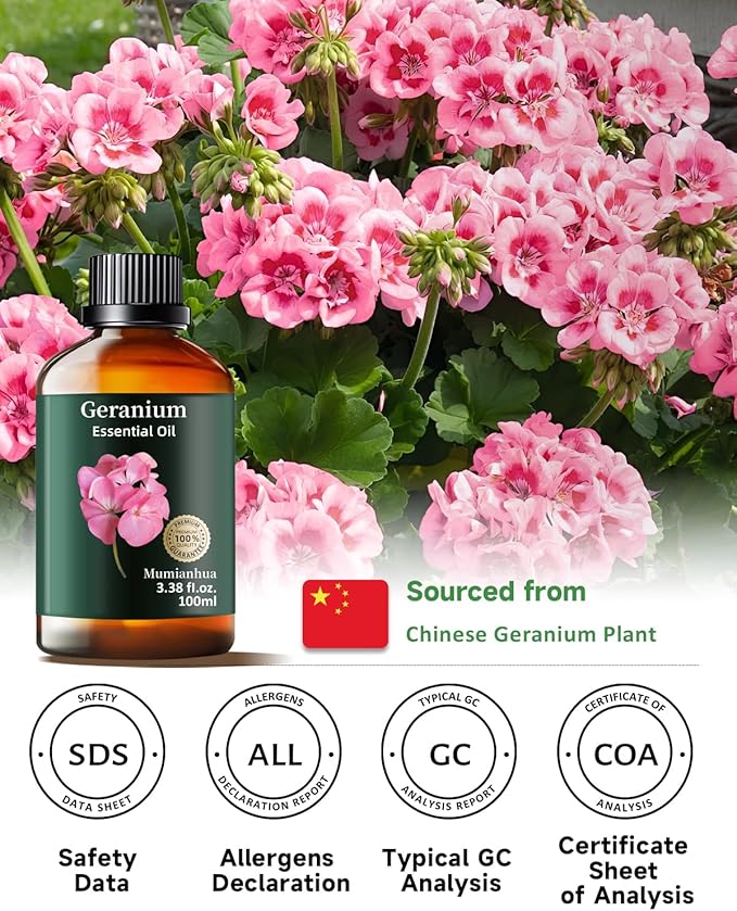 Geranium Essential Oil, Mumianhua Pure Rose Geranium Oil for Balanced Skin & Mood Harmony, Floral Relaxation Oil for Diffuser, Night Routine & DIY Skin, Hair, 3.38 Fl Oz