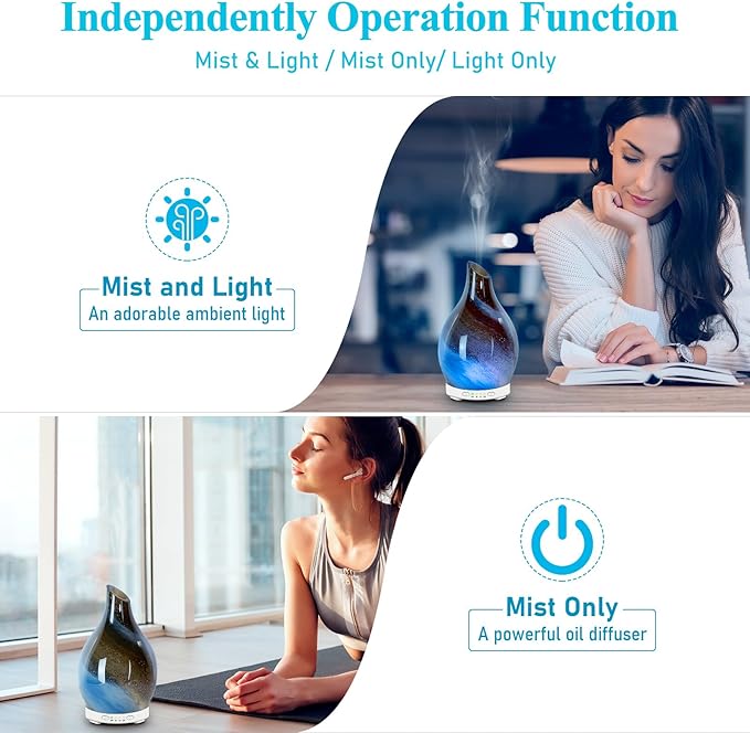 Essential Oil Diffuser 150ML Glass Aromatherapy Diffuser with 4 Timer Settings & 7 Color Changing Lights, Auto Shut-Off, Ultra Quiet Oil Diffuser for Home, Office, Yoga, Spa and Sleeping