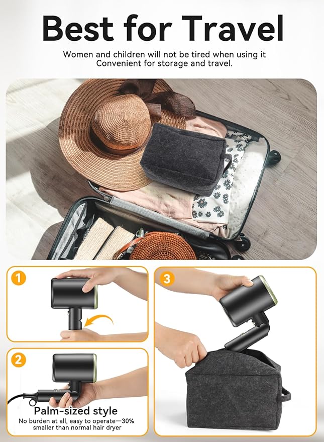 Hair Dryer, Ionic Blow Dryer - Fast Drying, Low Noise, Foldable Portable with Diffuser and Nozzle, Compact Mini for Women and Men - 1 Pack