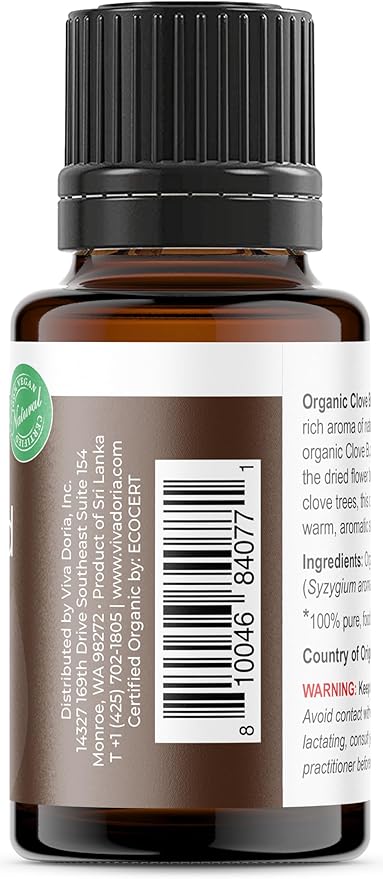 Viva Doria Organic Clove Bud Oil, USDA Certified Organic Clove Essential Oil, 100% Pure, Natural Essential Oil, Undiluted, for Aromatherapy | Food Grade, 15 mL (0.5 Fluid Ounce)
