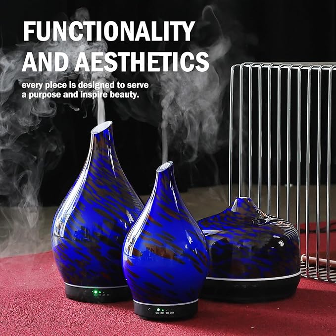 Porseme Essential Oil Diffuser Hand-Blown Glass Aroma Diffusor, Aromatherapy Unltrasonic Cool Mist deffuser, 7 Color Changing, Waterless Shut-Off, Timer Function for Home Office(150ml, Cobalt Blue)
