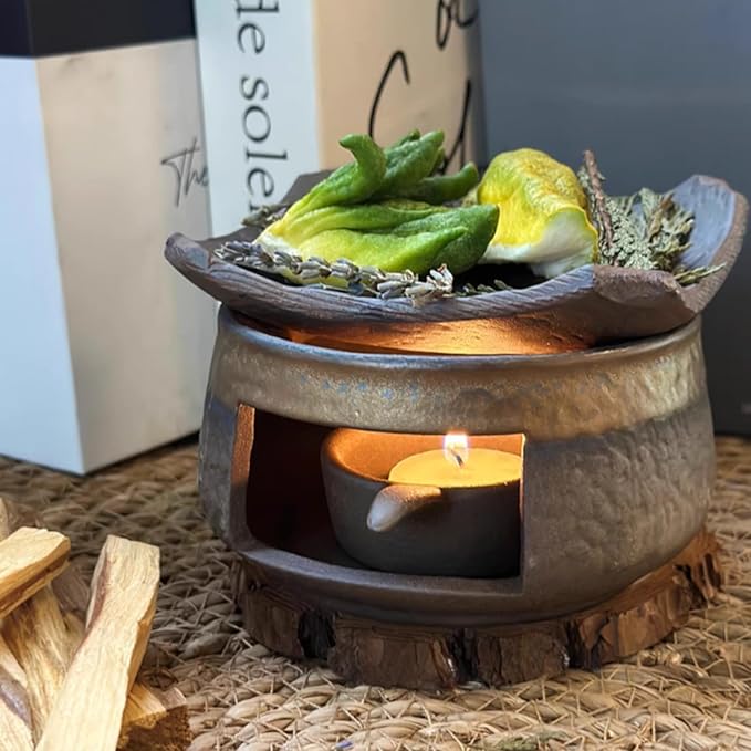 Incense Burner & Candle Warmer | Ceramic Aromatherapy Diffuser Includes Wooden Clips and Pads for Wax Melts, Dried Herbs and Palo Santo | Bedtime Calm, Meditation