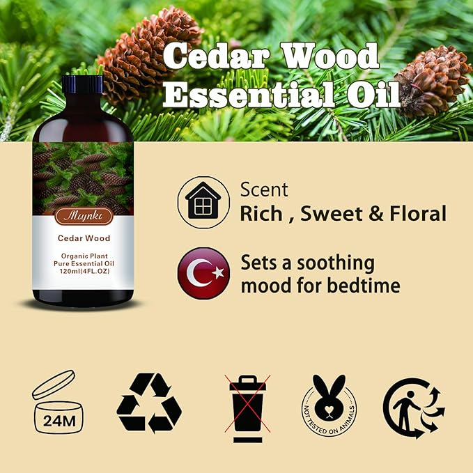 Cedarwood Essential Oil – MLYNKL Cedarwood Oils 4.33 fl oz for Diffusers, Humidifiers, Massage, DIY Candles, Soap, Cleaning, Home, Yoga, Office, Gifts - 130 ml