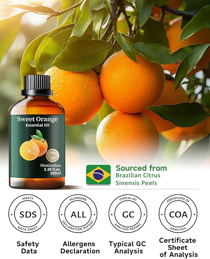Orange Essential Oil, Pure Sweet Orange Oil Mumianhua Cold-Pressed Aromatherapy Oil for Uplifting Diffuser & Natural Cleaning, Skin-Safe for DIY Perfume, Soap & Candle Making, 3.38 Fl Oz