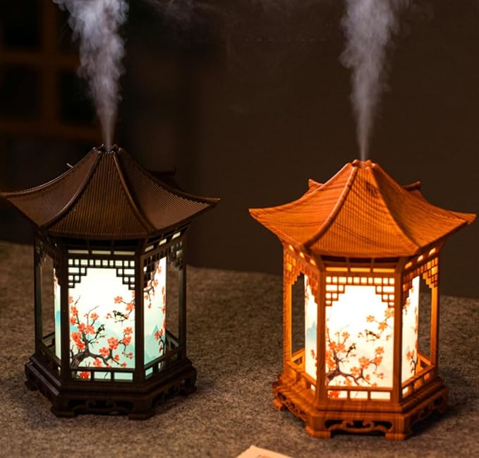 Zen Pavilion Lantern Aroma Diffuser & Night Light, 160ml Diffuser, Dual Mist Modes, Chinese Zen Garden Humidifier, Warm & White Light for Sleep, Yoga, Meditation & Spa(Dark Wood)