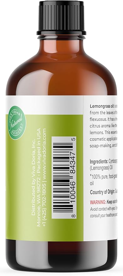 Viva Doria Lemongrass Essential Oil, 100% Pure, Natural Lemongrass Essential Oil, Undiluted, for Aromatherapy | Food Grade, 118 mL (4 Fluid Ounce)