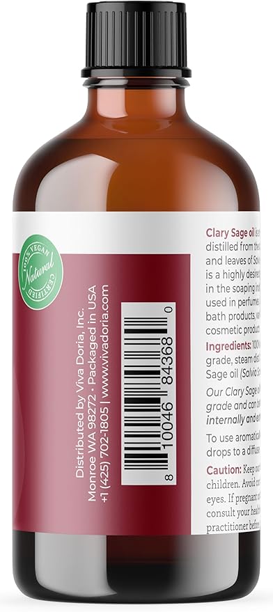 Viva Doria Clary Sage Essential Oil, 100% Pure, Natural Clary Sage Essential Oil, Undiluted, for Aromatherapy | Food Grade, 118 mL (4 Fluid Ounce)