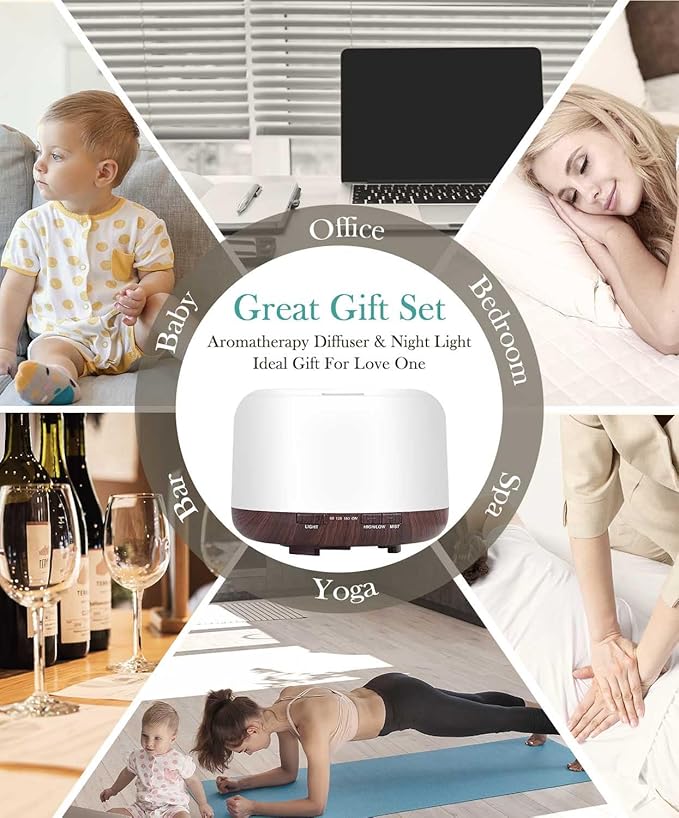 Essential Oil Diffuser 500ml-Humidifier,Aroma Diffuser for Home with 7 Colors Light,Remote Control Air Diffuser for Large Room,Bedroom,Office(Light Wood)