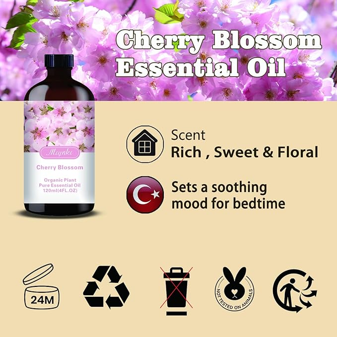 Cherry Blossom Essential Oil – MLYNKL Cherry Blossom Oils 4.33 fl oz for Diffusers, Humidifiers, Massage, DIY Candles, Soap, Cleaning, Home, Yoga, Office, Gifts - 130 ml