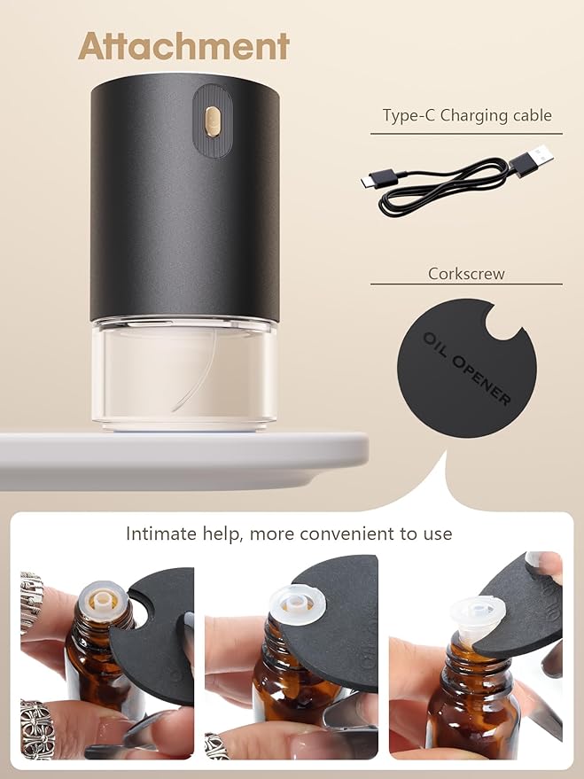 Waterless Oil Diffuser for Home, Car, Office - Rechargeable Scent & Essential Oil Diffuser, 4 Mist Modes and 1/2/4/6 Hour Timer, Portable Cordless Aromatherapy, Spill-Proof Metal Design - Black