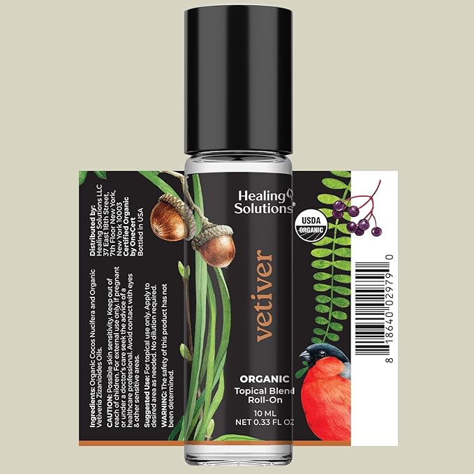 Healing Solutions (2 Pack) USDA Certified Organic Vetiver Essential Oil Roll-On for Skin Care - Essential Oil Roll On