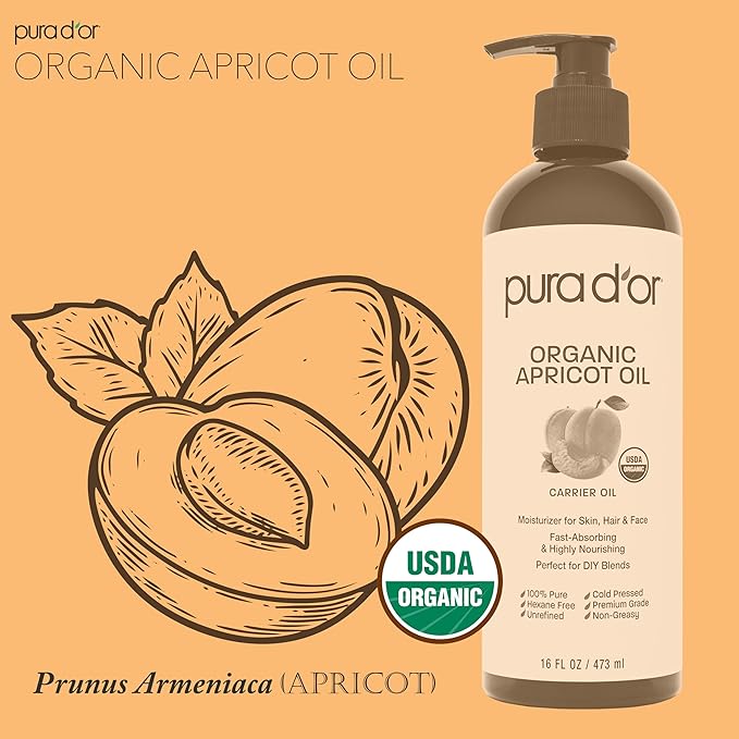 PURA D'OR ORGANIC Apricot Kernel Oil (16 Oz) 100% Pure & Natural USDA Certified Cold Pressed Carrier Oil - Antioxidant & Vitamin E Rich Moisturizer for Natural Glow & Softness - Face, Skin & Hair