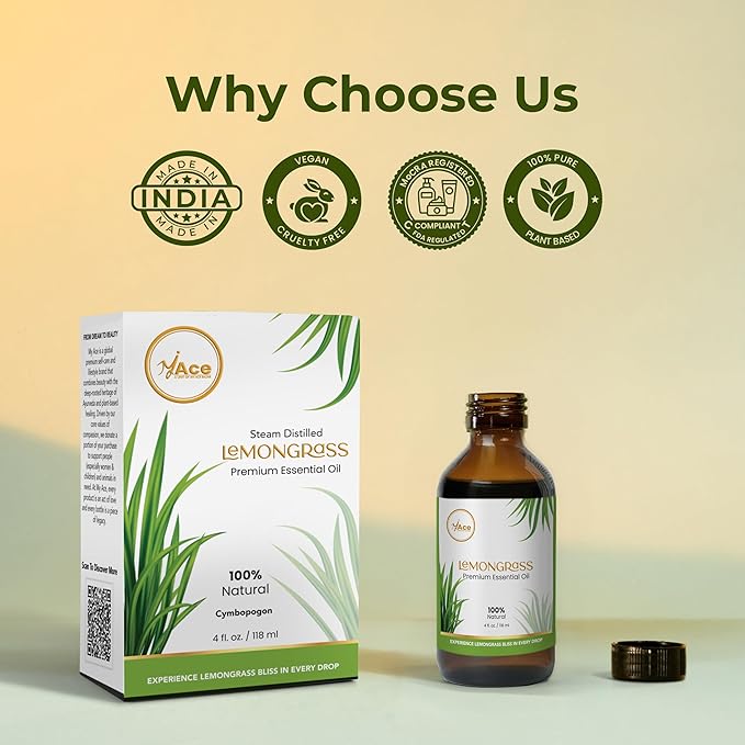 My Ace Lemongrass Essential Oil – 100% Pure & Natural, Steam Distilled, Therapeutic Grade for Diffusers, Aromatherapy, Soap & Candle Making, Non-GMO, Vegan – 4 fl oz