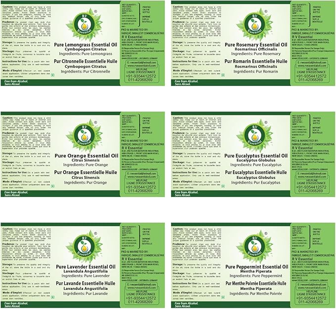 R V Essential Pack of 6 Essential Oil Set Peppermint Lavender Eucalyptus Lemongrass Orange Rosemary 100% Pure Natural for Aromatherapy Spa Relaxation Skin Hair Candle Diffuser Gift Set 15ml (0.507oz)