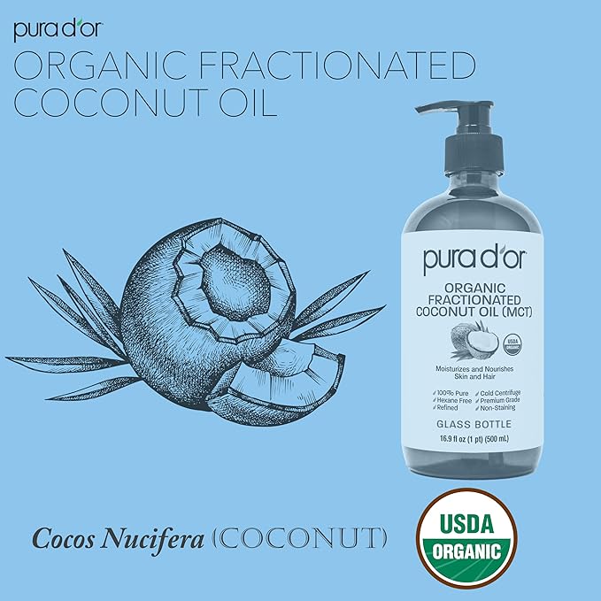 PURA D'OR ORGANIC Fractionated Coconut Oil MCT Oil (16.9 Oz GLASS BOTTLE) 100% Pure & Natural USDA Certified Cold Pressed - Unscented, Hexane Free Moisturizer For Face, Skin & Hair Tonic - Men & Women